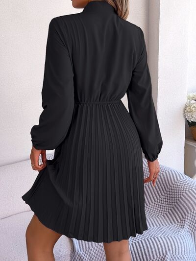 BetsyTie Neck Balloon Sleeve Pleated Dress