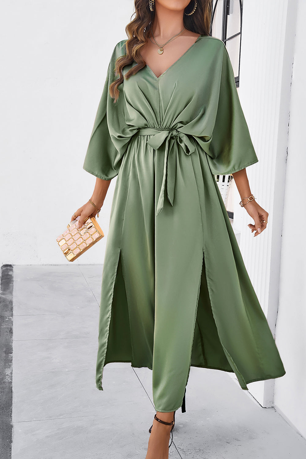 Lorelei Slit Tied V-Neck Three-Quarter Sleeve Dress