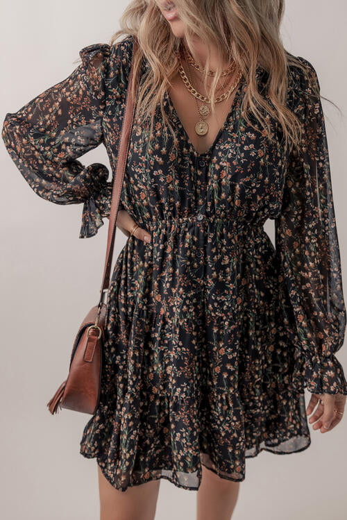 Juliana Printed Buttoned V-Neck Flounce Sleeve Dress