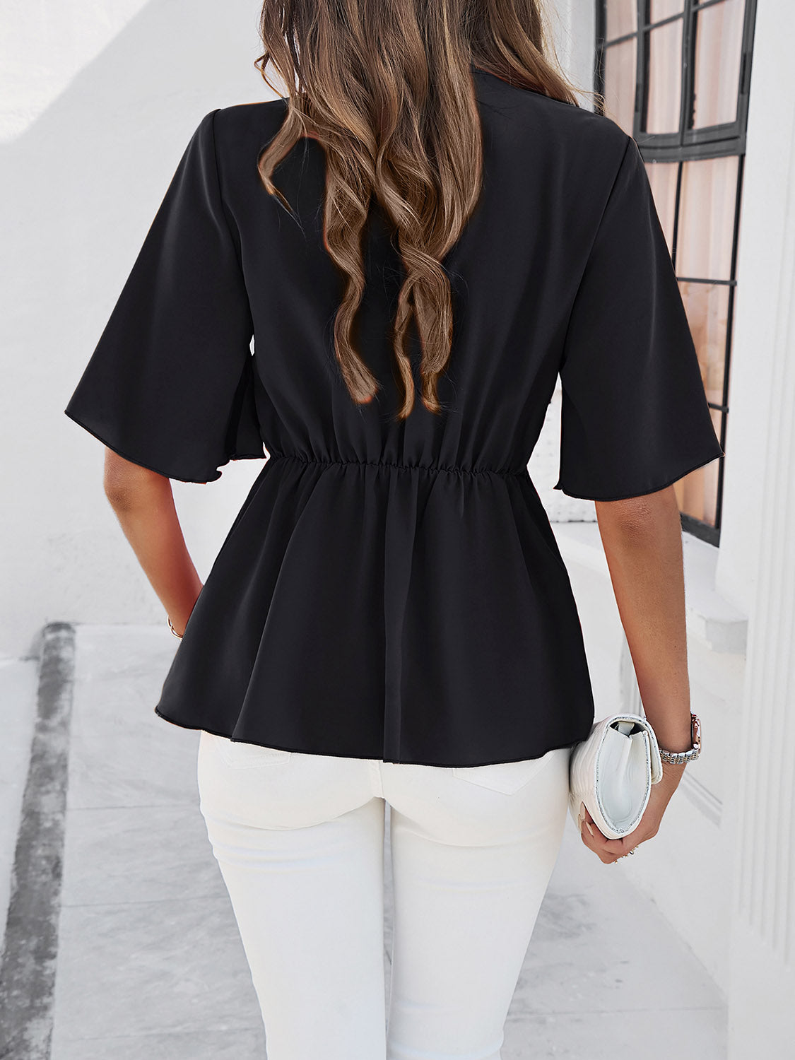 Gemini Surplice Tie Waist Half Sleeve Blouse