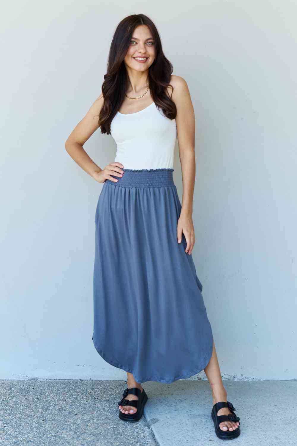 Britt High Waist Scoop Hem Maxi Skirt in Dusty Blue