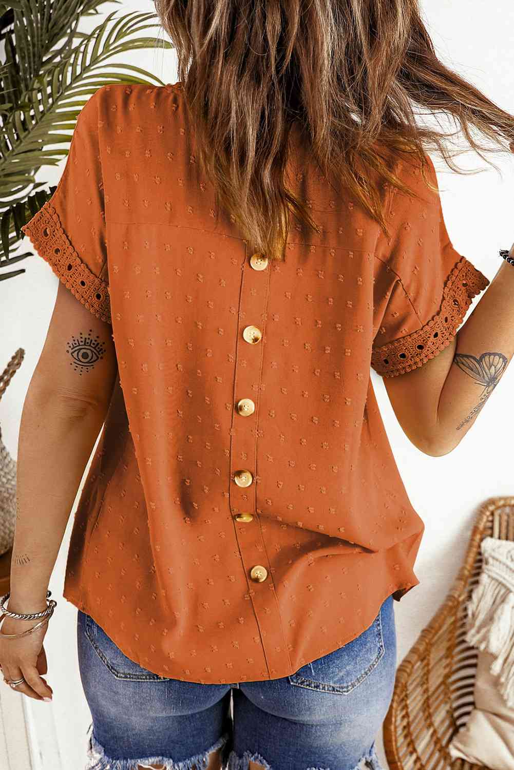 Louanne Swiss Dot Decorative Button Short Sleeve Blouse