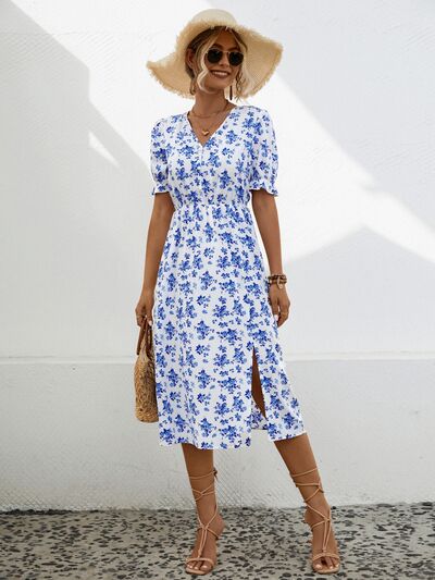 Daria Slit Printed V-Neck Short Sleeve Dress