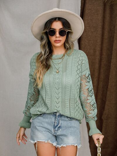 Riley Eyelet Crochet Lantern Sleeve Sweater