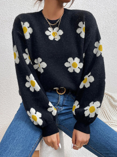 Daisy Flower Round Neck Latern Sleeve Sweater