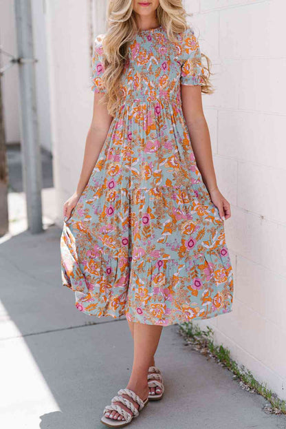 Jerick Floral Flounce Sleeve Round Neck Midi Dress