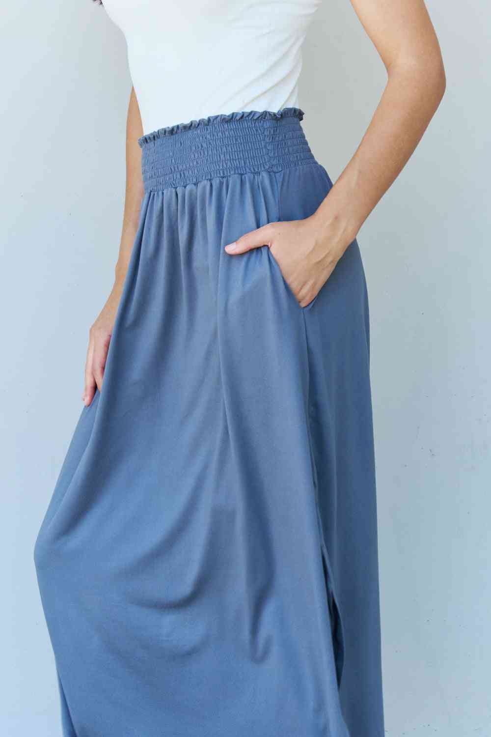 Britt High Waist Scoop Hem Maxi Skirt in Dusty Blue