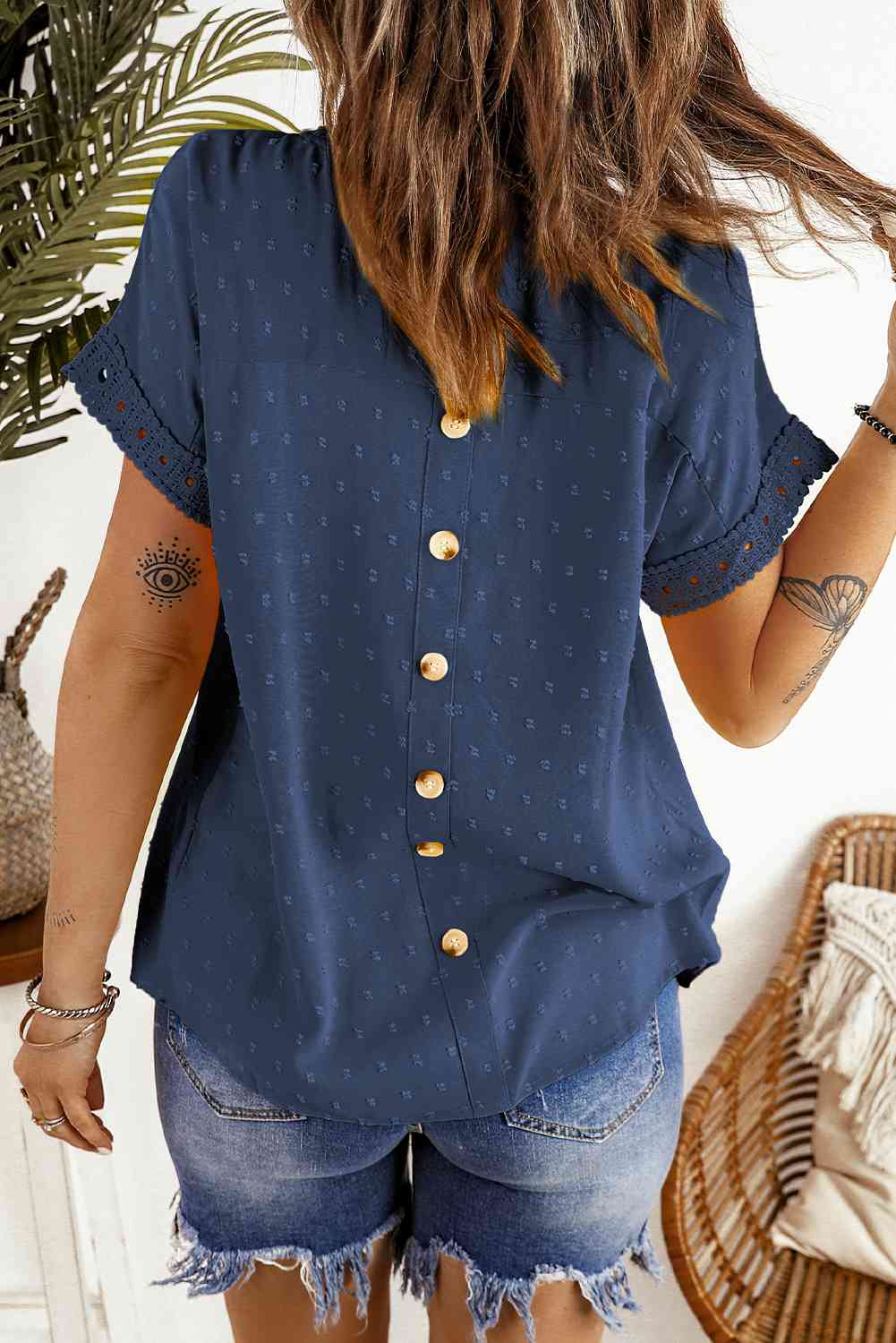 Louanne Swiss Dot Decorative Button Short Sleeve Blouse