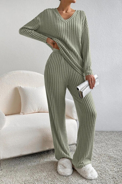 Molly Ribbed V-Neck Top and Pants Set