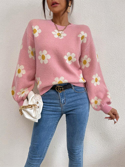 Daisy Flower Round Neck Latern Sleeve Sweater