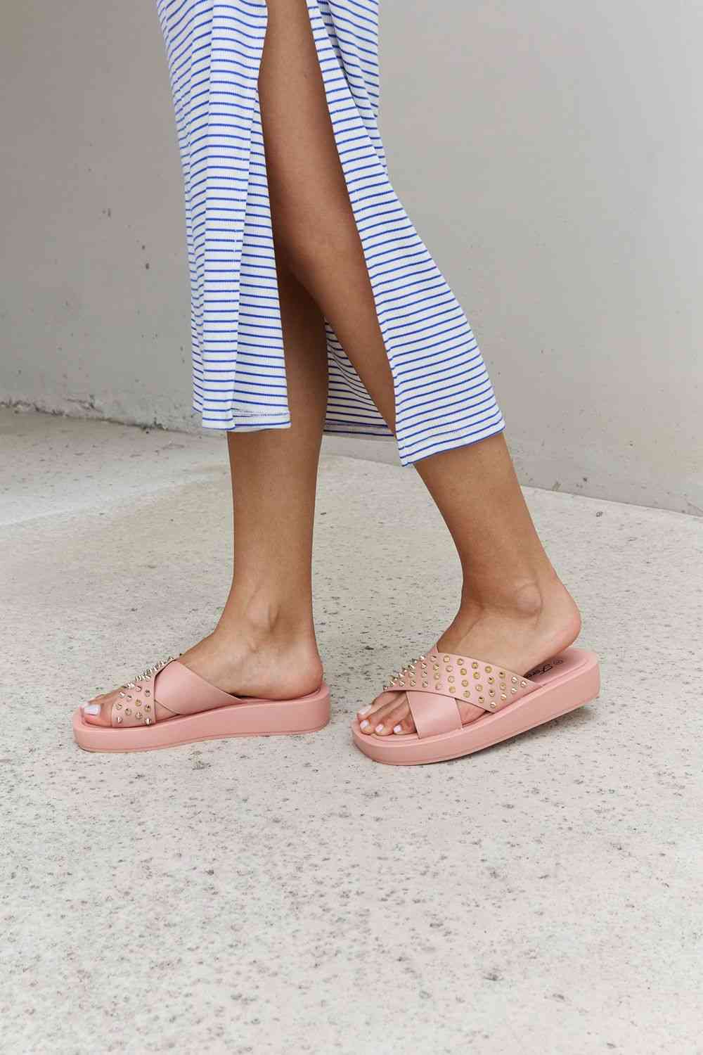 Maddy Studded Cross Strap Sandals in Blush