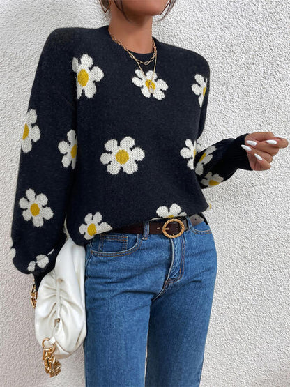 Daisy Flower Round Neck Latern Sleeve Sweater