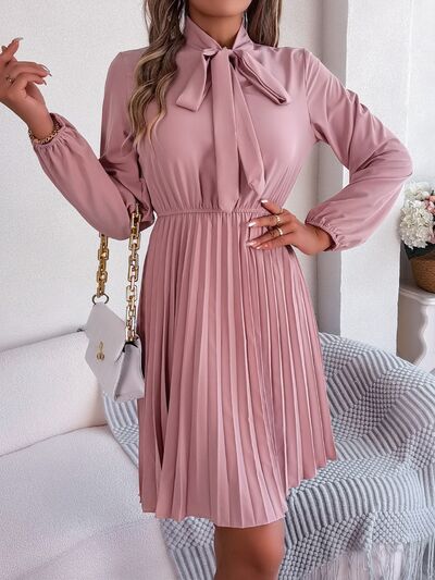 BetsyTie Neck Balloon Sleeve Pleated Dress