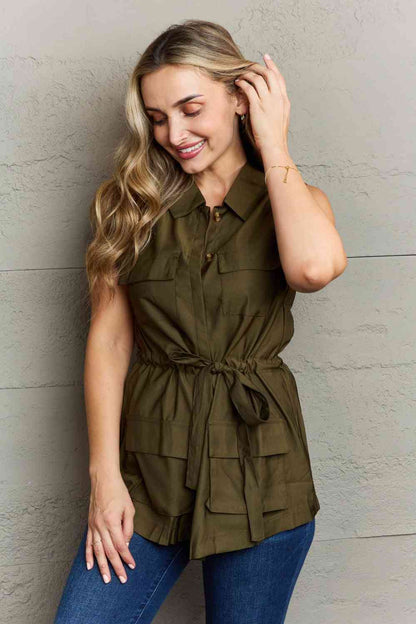 Jenny Sleeveless Collared Button Down Top Army Green