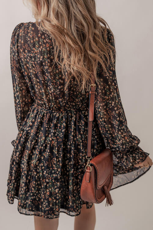 Juliana Printed Buttoned V-Neck Flounce Sleeve Dress