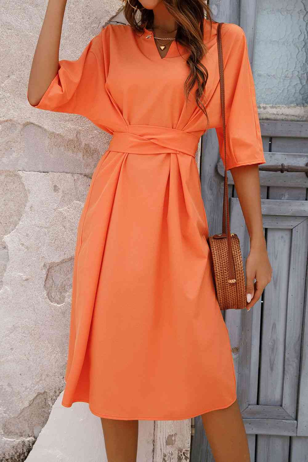 Mae Notched Neck Half Sleeve Midi Dress