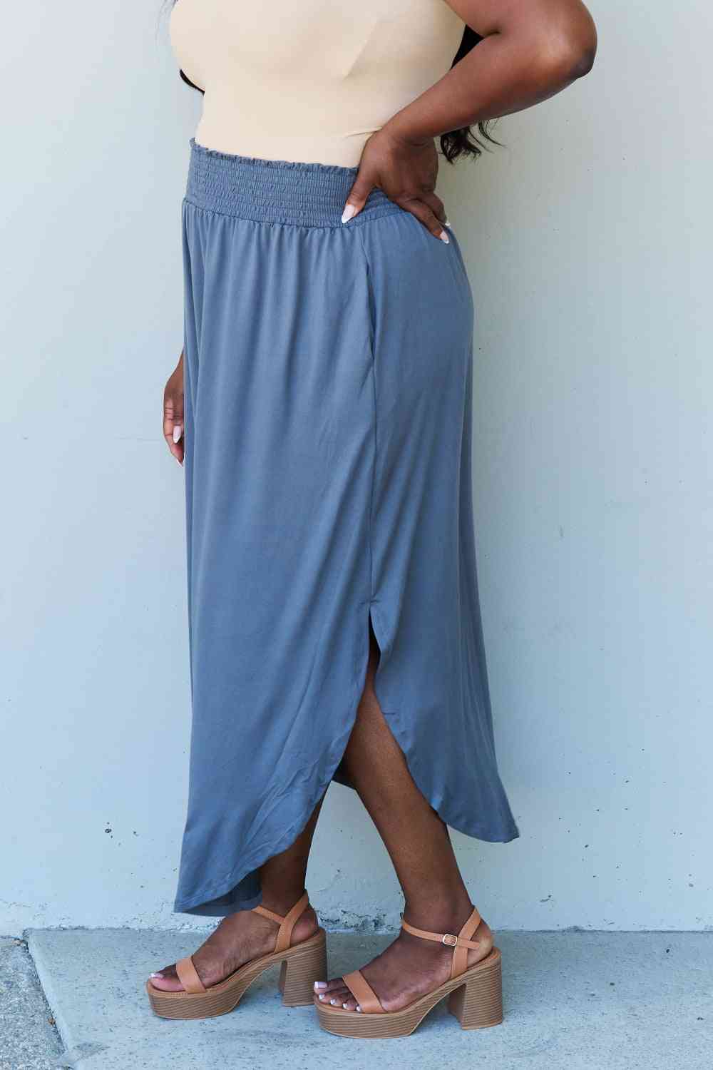 Britt High Waist Scoop Hem Maxi Skirt in Dusty Blue