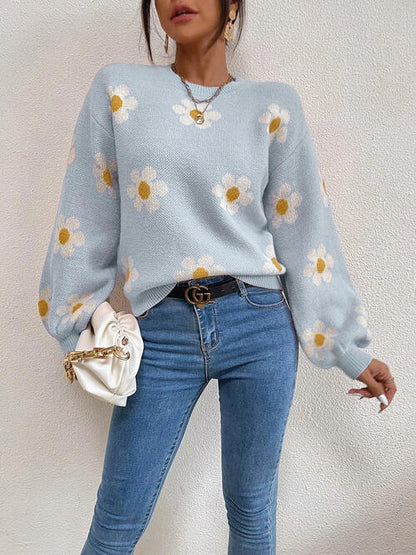 Daisy Flower Round Neck Latern Sleeve Sweater