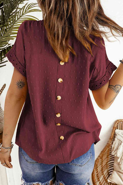 Louanne Swiss Dot Decorative Button Short Sleeve Blouse