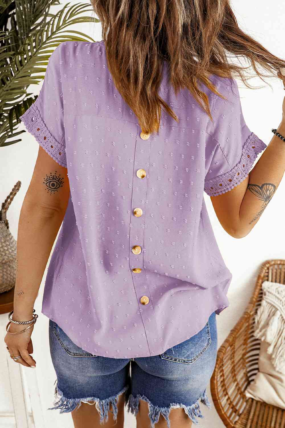 Louanne Swiss Dot Decorative Button Short Sleeve Blouse