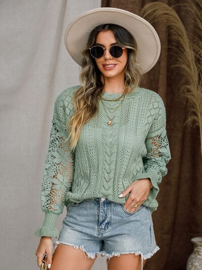 Riley Eyelet Crochet Lantern Sleeve Sweater