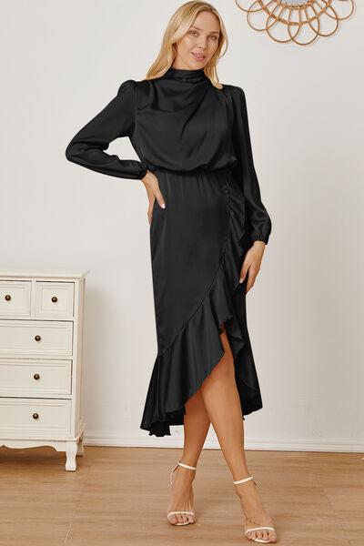 Sonia Mock Neck Ruffled Asymmetrical Dress