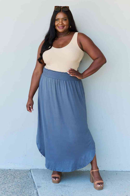 Britt High Waist Scoop Hem Maxi Skirt in Dusty Blue