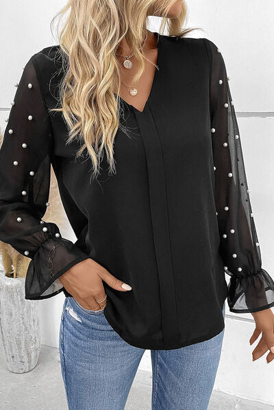 Lainey Pearl Detail V-Neck Flounce Sleeve Blouse