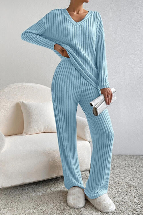 Molly Ribbed V-Neck Top and Pants Set