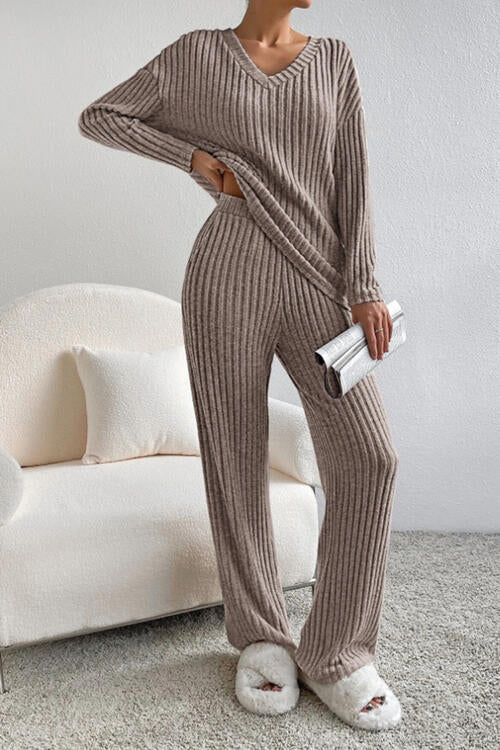 Molly Ribbed V-Neck Top and Pants Set