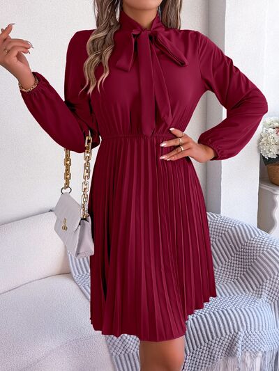 BetsyTie Neck Balloon Sleeve Pleated Dress