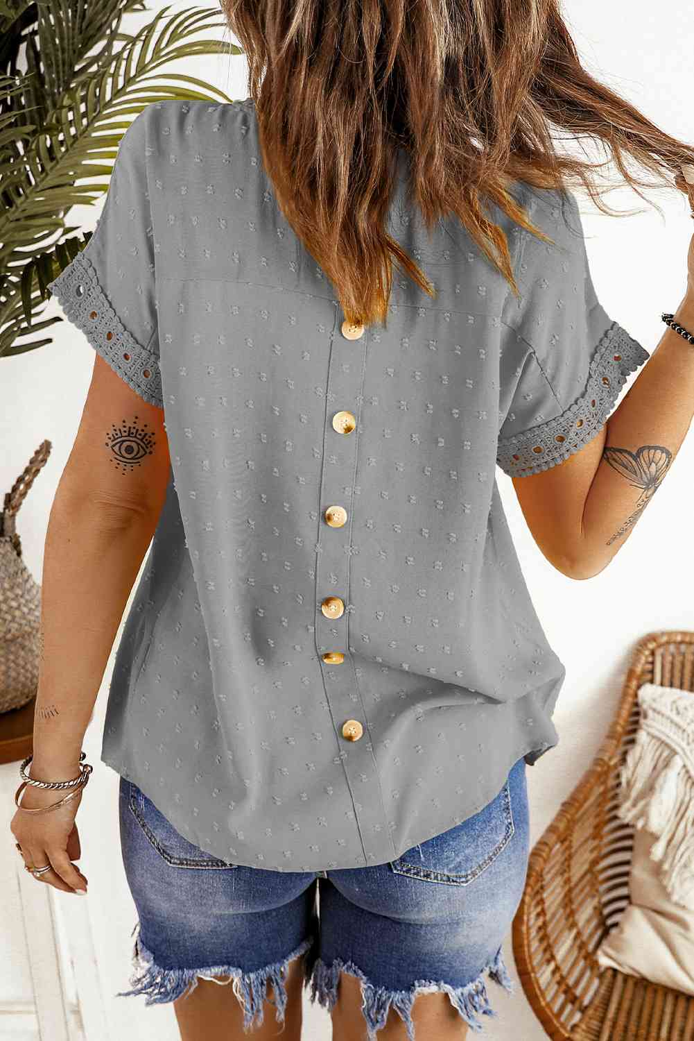 Louanne Swiss Dot Decorative Button Short Sleeve Blouse