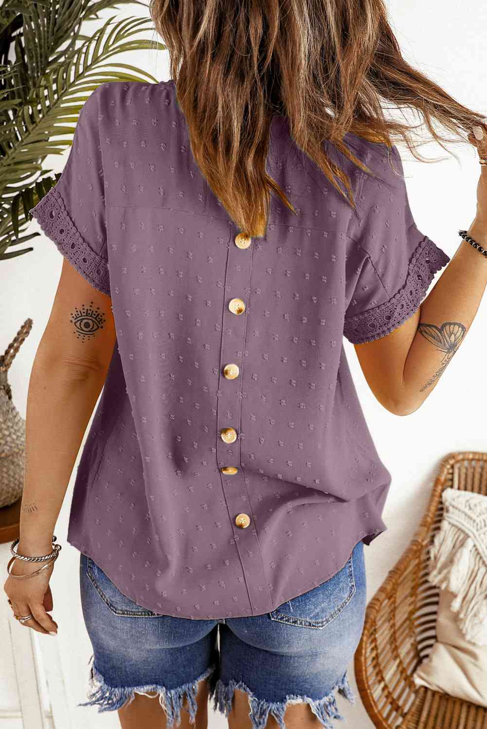 Louanne Swiss Dot Decorative Button Short Sleeve Blouse