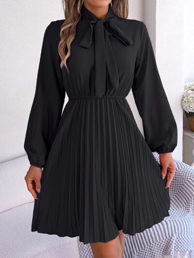 BetsyTie Neck Balloon Sleeve Pleated Dress