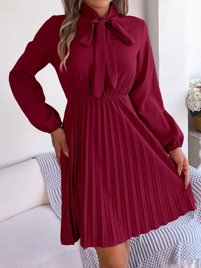 BetsyTie Neck Balloon Sleeve Pleated Dress