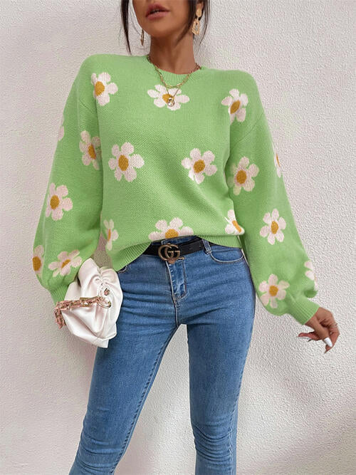 Daisy Flower Round Neck Latern Sleeve Sweater