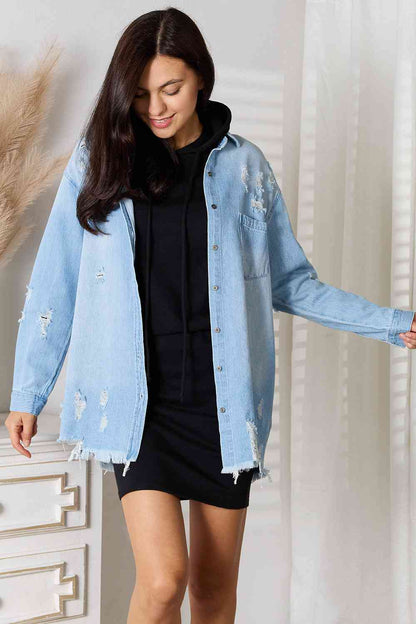 RISEN Full Size Distressed Raw Hem Denim Jacket