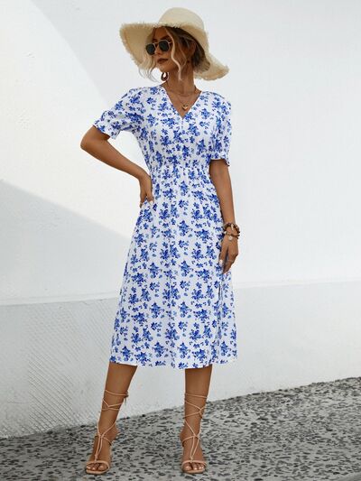 Daria Slit Printed V-Neck Short Sleeve Dress