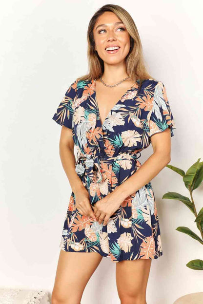 Flora Botanical Print Surplice Neck Tie Waist Romper