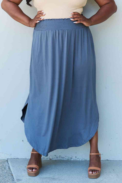 Britt High Waist Scoop Hem Maxi Skirt in Dusty Blue