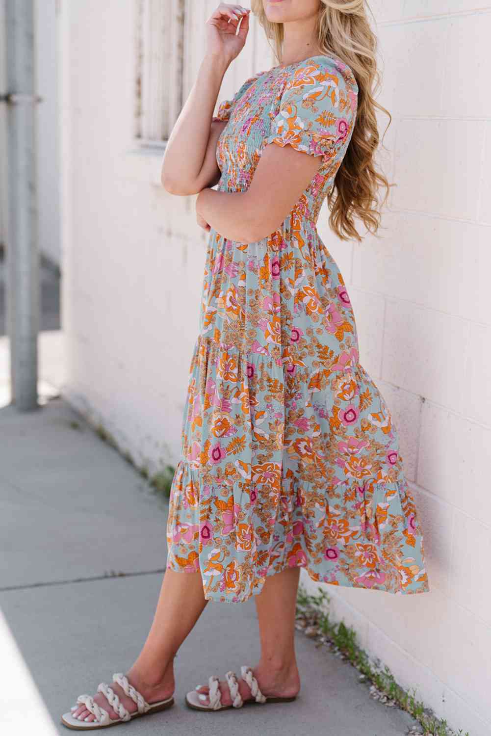 Jerick Floral Flounce Sleeve Round Neck Midi Dress