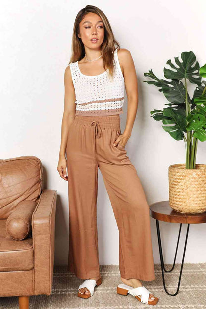 Alex Drawstring Smocked Waist Wide Leg Pants