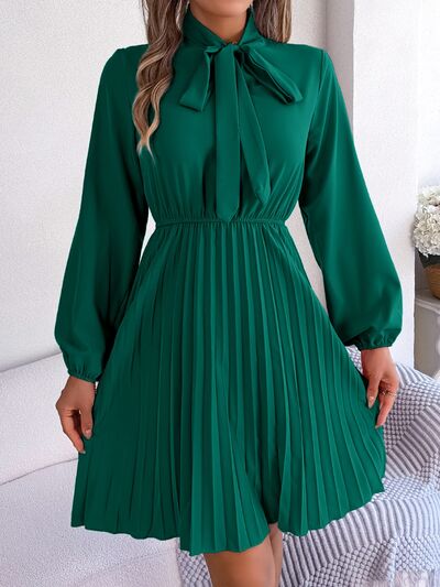 BetsyTie Neck Balloon Sleeve Pleated Dress