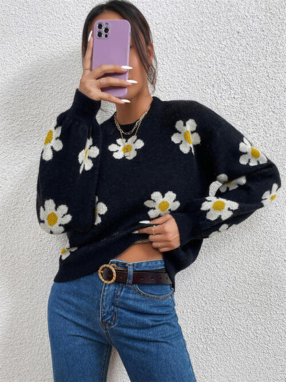 Daisy Flower Round Neck Latern Sleeve Sweater