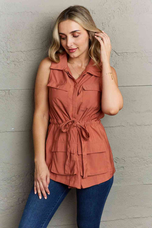 Jenny Sleeveless Collared Button Down Top Brick Red