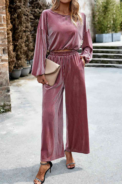 Priscilla Round Neck Dropped Shoulder Top and Elastic Waist Pants Set