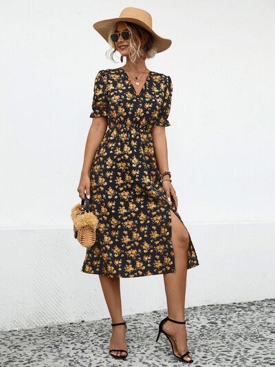 Daria Slit Printed V-Neck Short Sleeve Dress