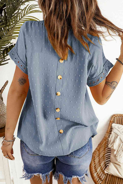 Louanne Swiss Dot Decorative Button Short Sleeve Blouse