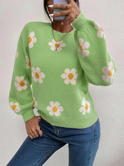 Daisy Flower Round Neck Latern Sleeve Sweater