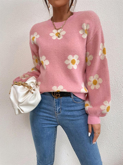 Daisy Flower Round Neck Latern Sleeve Sweater